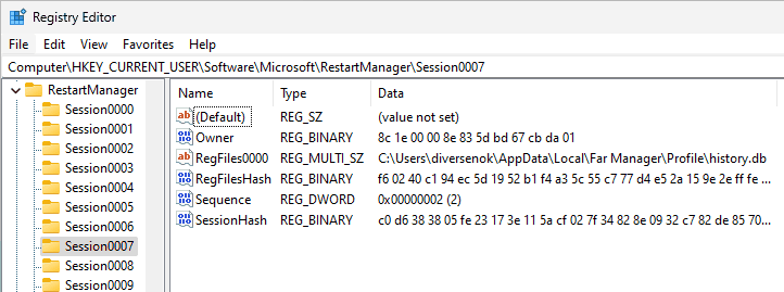 Figure: Restart Manager sessions in the registry.